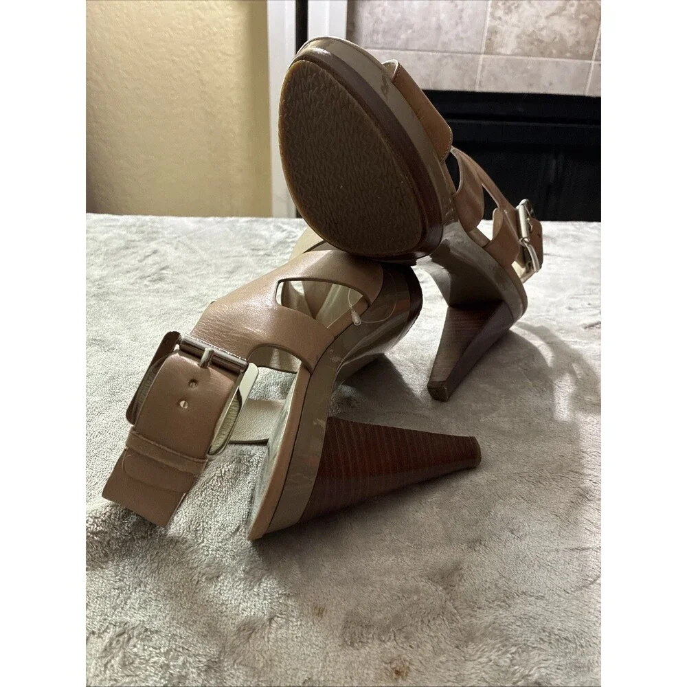 Michael Kors Carla Tan Leather Platform Heel Slingback Women's Sandals Sz 9.5
